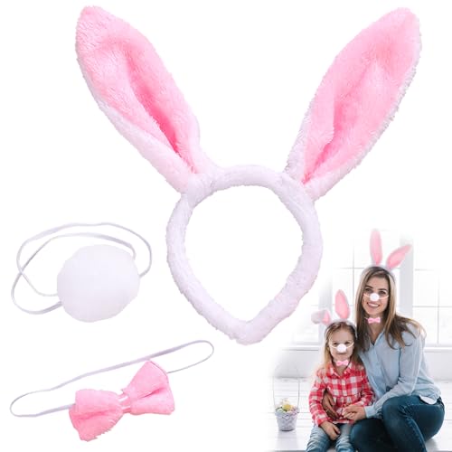 YALiya 3 Stück Hasenohren Haarreif Set, Hasen Ohren Haarreifen Plüsch, Stirnbänder für Ostern Party, Krawatte, Schwanz, Osterhase Kostüm Cosplay Party, Geburtstag Dress Up (Rosa und Weiß) von YALiya