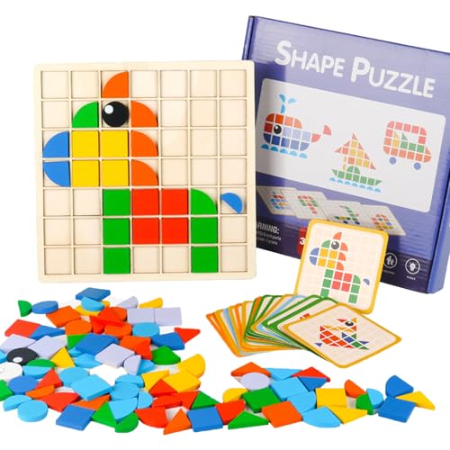 YALiya Mosaik Holzpuzzle, Mosaikspiel Tangram, Montessori Bausteine, Block-Puzzle-Spielzeug, mit 135 geometrischen Formen und 20 Designkarten, Puzzle als Spielzeug ab 3 4 5 6 Jahren Junge und Mädchen von YALiya