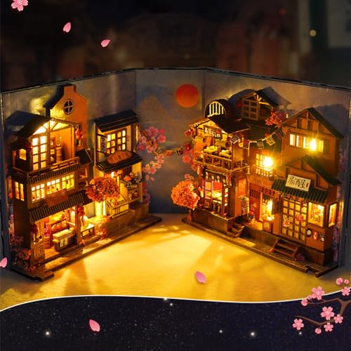 YANGUN DIY Book Nook Kit, 3D Puzzle Holz Buchstütze, DIY Miniatur Haus mit LED Leuchten und Möbeln, Puppenhäuser Miniatur Haus Kit, Modellbausätze für Erwachsene zum Bauen (Kirschblüten Gasse) von YANGUN