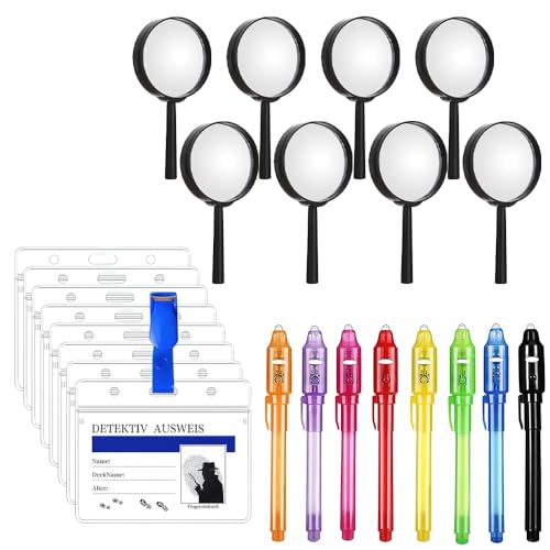 YANGUN 24stk Detektive Lupe Kinder Set, 8 Stück Lupen Spielzeug und 8 Stück Detektivausweis Ausweise mit Clip, 8 Stück Geheimstift mit UV Licht Kinder, Detektive Lupe Set für Kindergeburtstag YANGUN 24stk Detektive Lupe Kinder Set, 8 Stück Lupen Spielzeug und 8 Stück Detektivausweis Ausweise mit Clip, 8 Stück Geheimstift mit UV Licht Kinder, Detektive Lupe Set für Kindergeburtstag von YANGUN