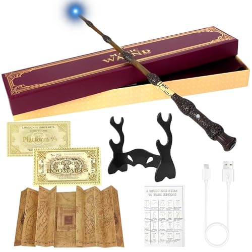 YANGUN 38CM Dumbledore Zauberstab mit Licht, Elderstab Harry P-Otter, USB Aufladung Zauberstab Dumbledore, Leuchtzauberstab aus Harz mit Zauberspruch-Karte, Stationsticket, Landkarte, Halter von YANGUN