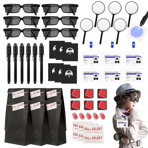 YANGUN 48 STK Detektiv Set Kinder, Detektiv Kindergeburtstag Mitgebsel mit Agentenbrille, Geheimstift, Notizbuch, Lupe, Detektivausweis, Fingerabdruck Stempelkissen, Detective Spiel Geschenke von YANGUN