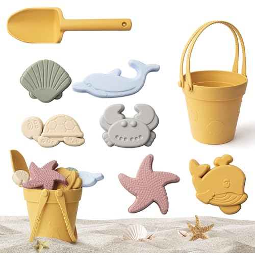 YANGUN 9 Stück Sandkastenspielzeug aus Silikon, Silikon Strandspielzeug, Strandspielzeug Set für Jungen und Mädchen, Weich Silikon Strandspielzeug Set mit Eimer, Spaten, Tierformen, Netzbeutel von YANGUN
