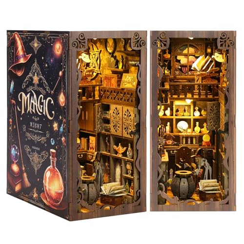 YANGUN Book Nook Kit, DIY Booknook Miniaturhaus Bausatz mit LED-Lichtern, 3D Holzpuzzle Buchstütze Bücherregal Dekor, Mini Puppenhaus Modellbausätze für Erwachsene Teens (Magic Night) von YANGUN