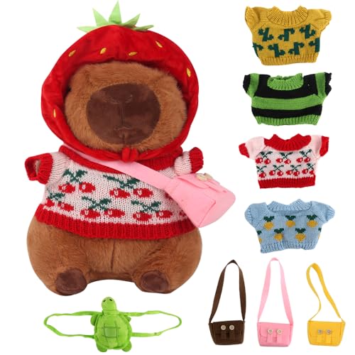 YANGUN Capybara Plüschtier, 23cm Capybara Kuscheltier, Niedlichen Capybara Plushies, Kinder Plüschpuppenspielzeug Mit 4 Kleidungsstücken, Puppenzubehör, zum Verkleiden von Plüschtier Spielzeug von YANGUN