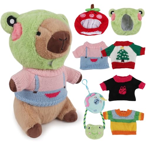 YANGUN Capybara Plüschtier, 23cm Capybara Kuscheltier, Niedlichen Capybara Plushies, Kinder Plüschpuppenspielzeug Mit 8 Kleidungsstücken und Accessoires, zum Verkleiden von Plüschtier Spielzeug von YANGUN