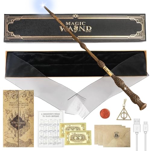 YANGUN Elderstab Zauberstab Mit Licht, 38 cm Dumbledore USB Aufladung in Geschenkbox, Kinder Set Mit Bahnhofskarten, Spruchkarten, Halsketten, Siegel von YANGUN