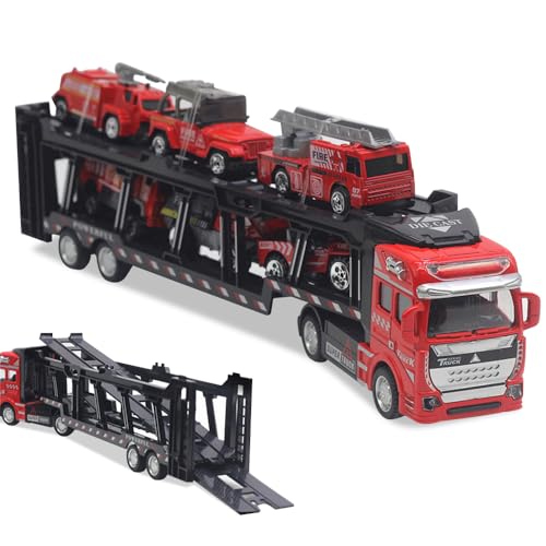 YANGUN Bagger Spielzeug, Baufahrzeuge Spielzeug Set, Baustellenfahrzeuge, 7-in-1 Autotransporter Toy, Baufahrzeug Autos Bagger, Toy Auto Set für Kinder ab 3 Jahren, Gelb (Fire Trucks) von YANGUN