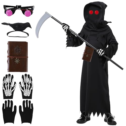 YANGUN Sensenmann-Kostüm, 7-teiliges gruseliges Halloween-Kostüm mit Kleidung, Sichel, Brille, Handschuhen, Krähe, Notizbuch und Druckverschlussbeutel mit Warnmeldung, gruseliges Kostüm-Set für Damen YANGUN Sensenmann-Kostüm, 7-teiliges gruseliges Halloween-Kostüm mit Kleidung, Sichel, Brille, Handschuhen, Krähe, Notizbuch und Druckverschlussbeutel mit Warnmeldung, gruseliges Kostüm-Set für Damen von YANGUN