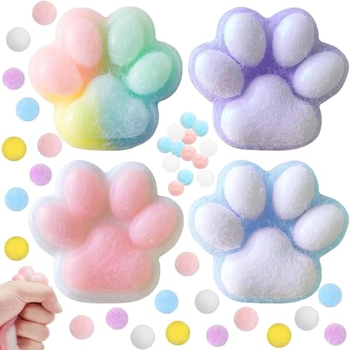 4 Stück Cat Paw Squishy Toy, Squishy Pfote, Süße Weiche Katzenpfoten Quetschspielzeuge, Katzenpfoten Squishy Mädchen Und Jungen Zum Entspannen(White, Purple, farbig, blau) von YANGWEN