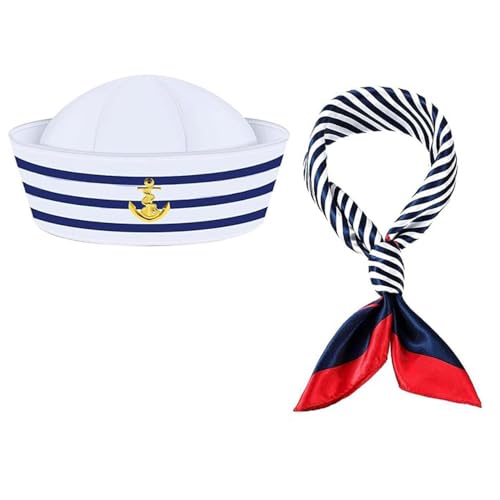 YANGWEN Matrosen-Kostüm Set mit Mütze & Seidenschal | Marineblau für Verkleidungsparty (Unisex)，58cm von YANGWEN