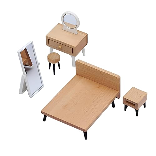 Miniatur Modellbau Zubehör, 5 Stück Puppenhaus Schlafzimmer, Mini-Möbel Spielzeug, Puppenhauszubehör 1/12, Doppelbett, Schminktisch, Spiegel, Dekoration für Puppenhaus(Schlafzimmer) von YANJIY