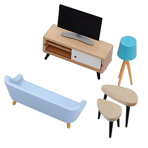 Miniatur Modellbau Zubehör, 6 Stück Puppenmöbel Wohnzimmer, Miniatur-TV mit Schrank, Puppenhauszubehör 1/12, Mini-Möbel Spielzeug, Tischlampe, Sofa, Couchtisch, Dekoration für Puppenhaus von YANJIY