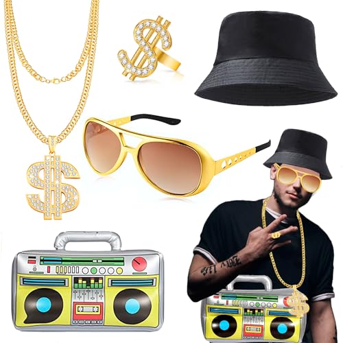 Hip Hop Kostüm Set, 80er 90er Jahre Outfit Herren Hip Hop Rapper Accessories, 5 Stück Hip Hop Punk Kostüm Set, Goldene Dollar Kette Brille Ring Aufblasbare Radio Fischermütze, 80er 90er Rapper Outfits Hip Hop Kostüm Set, 80er 90er Jahre Outfit Herren Hip Hop Rapper Accessories, 5 Stück Hip Hop Punk Kostüm Set, Goldene Dollar Kette Brille Ring Aufblasbare Radio Fischermütze, 80er 90er Rapper Outfits von YANSYUN