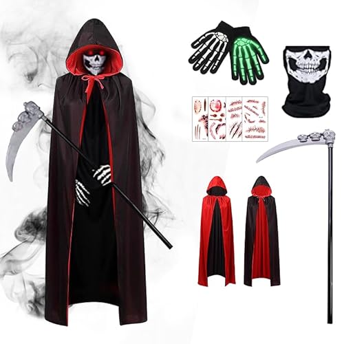 Sensenmann Kostüm, Vampir Umhang Schwarz Rot mit Kapuze, Grim Reaper Costume, Totenkopf Maske Set mit Sensemann Umhang, Halloween Sense und Handschuhe, Halloween Costume Set für Kinder Herren Damen von YANSYUN