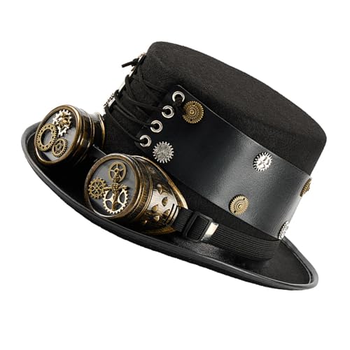 YAOGUI Viktorianischer Zylinderhut aus Wolle mit abnehmbarer Brille und Ausrüstungsdekor, für Renaissance-Themenveranstaltungen und Cosplay-Partys, Verkleidungen, Steampunk-Brille, Hut von YAOGUI