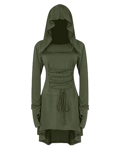 YAOHUOLE Renaissance-Kostüme für Damen, mit Kapuze, Schnürung, Vintage-Pullover, Halloween-Partykleider, Grün (Army Green), XXL von YAOHUOLE