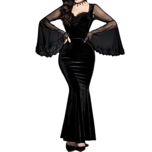 YAOHUOLE Schwarze Hexenkleider für Damen, Hexenkleid für Damen, Vintage, Gothic, Samtkleid, Schwarz, Größe L von YAOHUOLE