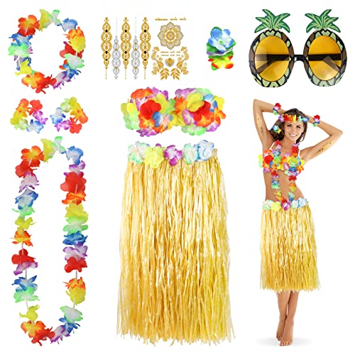 YAOYIN 9 Stück Hawaii Party Kostüme Set, Hawaii Kostüm Damen, Hula Rock Haarblume Blumenkette Ananas Sonnenbrille Blume-Armbänder Blumen-BH klebetattoos, Faschingskostüme Damen für Beachparty Deko von YAOYIN