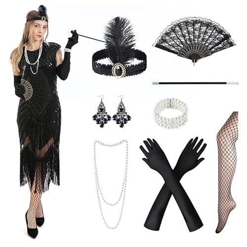 YAOZUP 20er Jahre Kleid Damen, 1920er Jahre Flapperkleid mit Pailletten, Perlen und Fransen, Gatsby Kleid 20er Jahre Accessoires, 20er Jahre Charleston Kleid für Karneval Cosplay(Schwarz/Schwarz, S) von YAOZUP