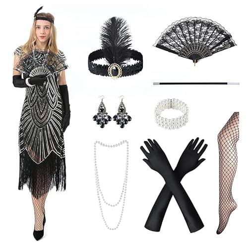 YAOZUP 20er Jahre Kleid Damen, 1920er Jahre Flapperkleid mit Pailletten, Perlen und Fransen, Gatsby Kleid 20er Jahre Accessoires, 20er Jahre Charleston Kleid für Karneval Cosplay(Schwarz/Silber, L) von YAOZUP