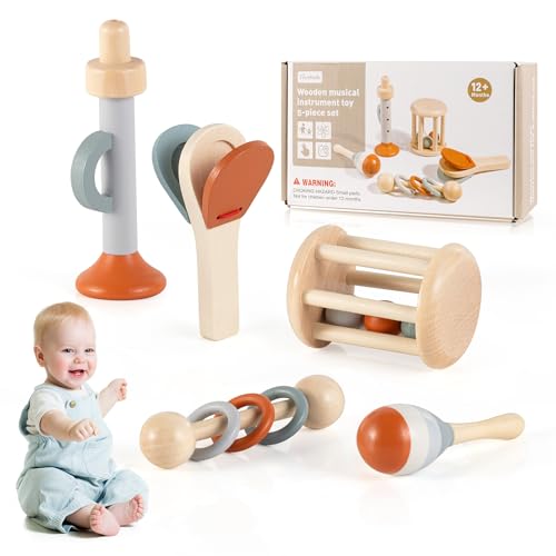 YAOZUP Baby Musikinstrumente, 5pcs Montessori Holzmusikinstrumente für Kleinkinder von 0-1 Jahre, Montessori-Holzspielzeug mit Maracas,Trompete,Kastagnetten, Percussion-Instrumente Set von YAOZUP