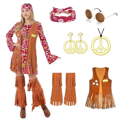 YAOZUP Hippie Kostüm Damen,8pcs Hippie Kleidung Damen Set,70er Jahre Outfit Damen mit Fransen Weste ärmellose,60er 70er Jahre Bekleidung Damen,Disco Outfit Faschingskostüm für Halloween Karneval,XL von YAOZUP