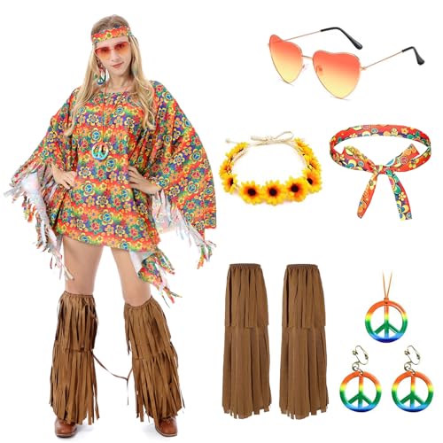 YAOZUP Kostüm Damen Hippie, 7 Stück Hippie Kostüm Damen Set mit 70er Jahre Kleid Hippie Accessoires, Flower Power Kleidung Damen 60er 70er jahre kostüm damen für Karneval Cosplay von YAOZUP