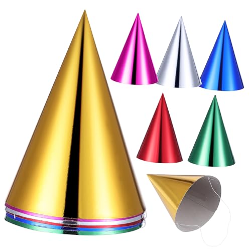YARNOW 12 Stück Metallic Partyhüte Bunte Geburtstagsmützen aus Papier für Erwachsene Wiederverwendbare Konusmützen für Geburtstagsfeiern und Themenpartys Gold Silber Rot Grün Blau von YARNOW