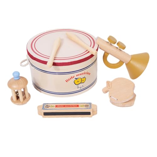 YARNOW 1Satz Musikset aus Holz für Kleinkinder Teiliges Schlagzeugset mit Trommel Mundharmonika Kastagnetten und Glocken Fördert die Sensorische Entwicklung Musikalische von YARNOW