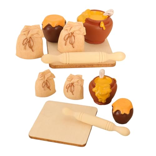 YARNOW 2 Satz Miniatur Backzubehör für Puppenhaus Set aus Harz und Holz mit Mini Nudelholz Honigglas und Mehltüte Realistische Küchendekoration für DIY Foto-Requisiten und Bastelprojekte von YARNOW