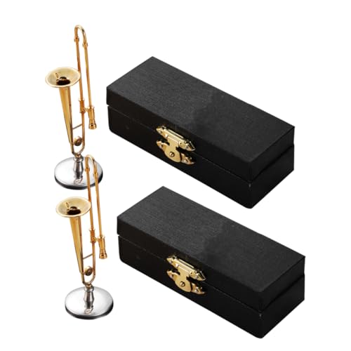 YARNOW 2sätze Miniaturposaune Aus Metall Vergoldet Und Verkupfert Mit Schwarzem Koffer Und Ständer Kleine Musikinstrumente Für Puppenhaus-Dekoration Und Sammler von YARNOW