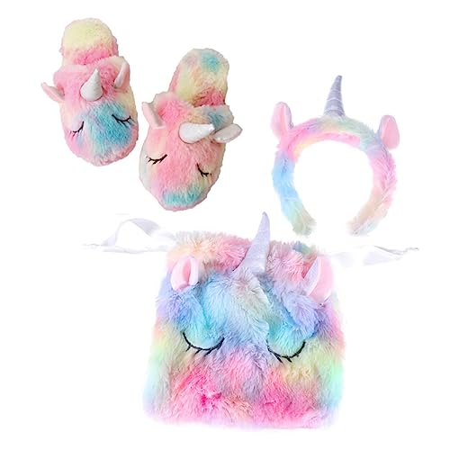 YARNOW 3 Stück Einhorn Kostüm Set Teiliges Set mit Buntem Kordelzugbeutel Flauschigen Hausschuhen und Haarreif für Kostümpartys und Auftritte von YARNOW