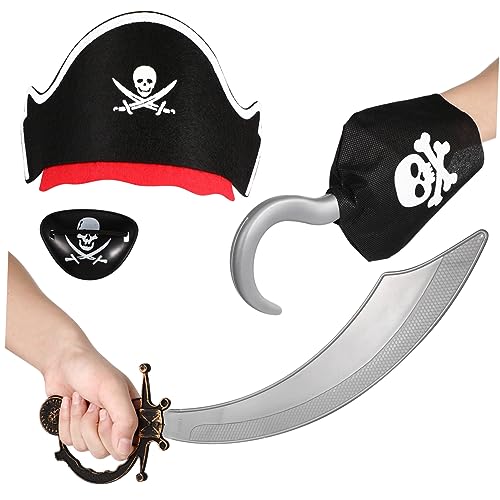 YARNOW 4 Stück Teiliges Halloween Piraten Kostümset Cosplay Requisiten mit Augenklappe Haken Säbel und Kopfbedeckung für Karneval Halloween und Mottopartys von YARNOW