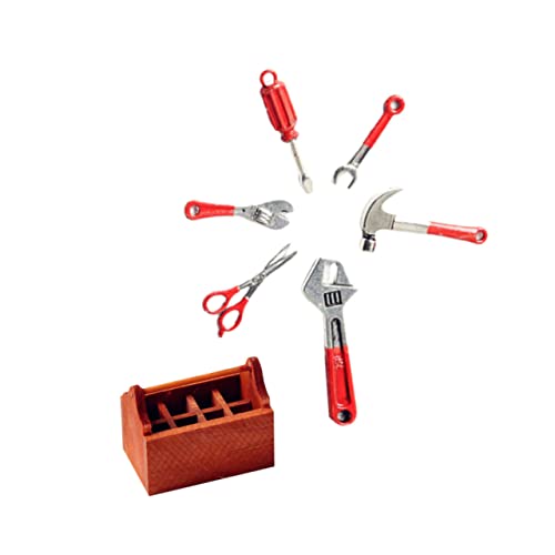 YARNOW 7 Stück Teiliges Mini Werkzeugset aus Legierung mit Holz Werkzeugkoffer Leichtes Tragbares Puppenhaus Zubehör für Mechanische Miniaturszenen Langlebige Metallwerkzeuge Dekoratives von YARNOW