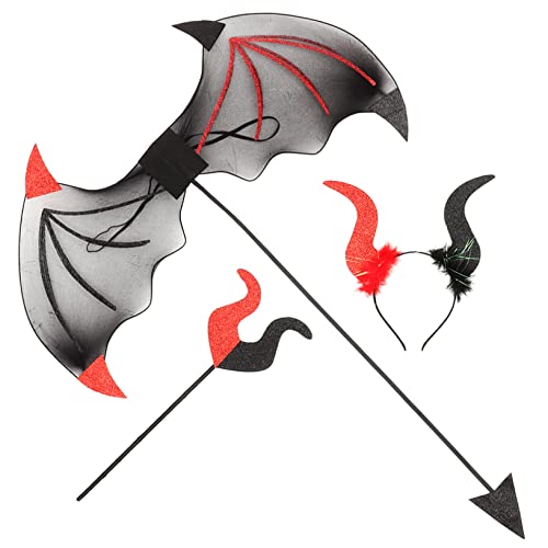 YARNOW Halloween Teufel Kostüm Set Teilig Rot Schwarz mit Elastischem Teufelshorn Haarreif Leichtem Teufelstab und Flexiblen Teufelsflügeln für Cosplay Karneval und Party von YARNOW