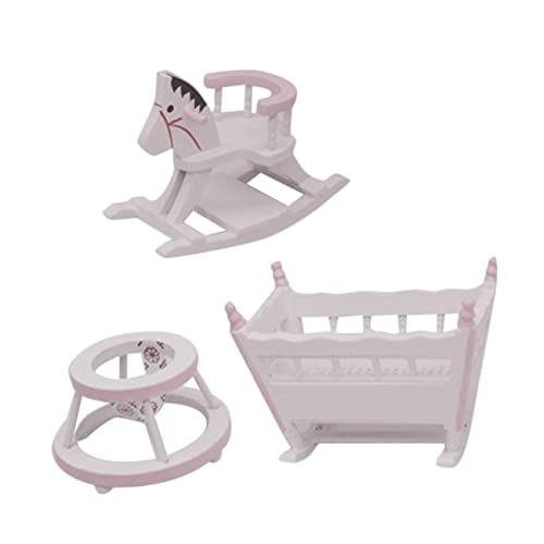 YARNOW Mini Holz Puppenhaus Möbel Set Miniatur Babywiege Schaukelpferd und Lauflernhilfe Stabiles Kinderzimmer Zubehör Handgefertigt Tragbar für Puppenhaus Indoor Dekoration von YARNOW