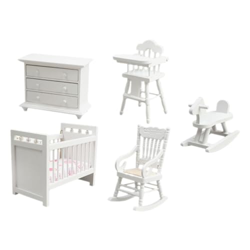 YARNOW Miniatur Puppenhaus Möbelset Weiß Teiliges Schlafzimmer Spielset mit Miniaturbett Schaukelstuhl und Schrank Detailreiche Kinderzimmer Dekoration für DIY Puppenhaus und Rollenspiel von YARNOW