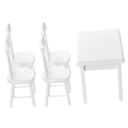 YARNOW Miniatur Puppenhaus Tisch Stuhl Set Weiße Mini Holzstühle und Tisch Detailreiches DIY Möbelmodell für Puppenhaus Wohnzimmer Esszimmer Kinderspielzeug Kreative Miniatur Deko von YARNOW