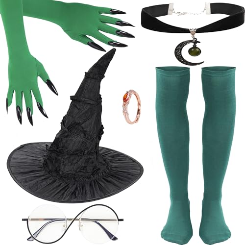 YAROMO Hexenkostüm-Set für Damen, inklusive schwarzem Hut, grünen Handschuhen und Hexen-Elphaba, Cosplay-Brille, Film, Halloween, Cosplay, Requisiten, Rollenspiel, Party, Verkleiden YAROMO Hexenkostüm-Set für Damen, inklusive schwarzem Hut, grünen Handschuhen und Hexen-Elphaba, Cosplay-Brille, Film, Halloween, Cosplay, Requisiten, Rollenspiel, Party, Verkleiden von YAROMO