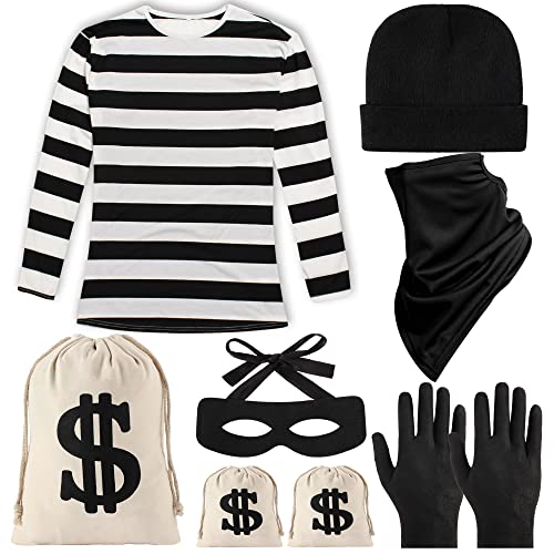 YAROMO Räuber-Kostüm-Set für Herren, 8-teiliges Cosplay-Dieb-Zubehör, inklusive gestreiftem Langarm-T-Shirt, Dollar-Leinentaschen, Banditen-Augenmaske, Strickmütze, Halloween, Einbrecher-Mottoparty YAROMO Räuber-Kostüm-Set für Herren, 8-teiliges Cosplay-Dieb-Zubehör, inklusive gestreiftem Langarm-T-Shirt, Dollar-Leinentaschen, Banditen-Augenmaske, Strickmütze, Halloween, Einbrecher-Mottoparty von YAROMO