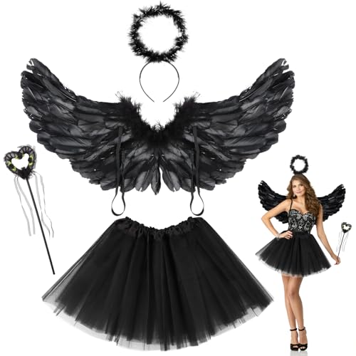 YARVPUV 4 Stück Schwarz Engel Kostüm Damen Set, Engel Teufel Kostüm Damen mit Tütü Rock,Heiligenschein und Zauberstab für Karneval Halloween Cosplay Fasching Verkleidung YARVPUV 4 Stück Schwarz Engel Kostüm Damen Set, Engel Teufel Kostüm Damen mit Tütü Rock,Heiligenschein und Zauberstab für Karneval Halloween Cosplay Fasching Verkleidung von YARVPUV