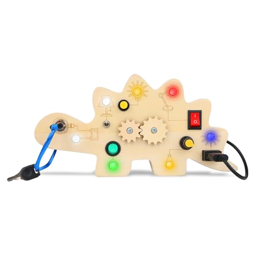 YATOSEEN Montessori Busy Board, Montessori Spielzeug Dinosaurier Holzspielzeug mit 7 Schalter 7 LED Leuchten Activity Board Motorikspielzeug Lernspielzeug für Jungen Mädchen ab 1 2 3 4 Jahre von YATOSEEN