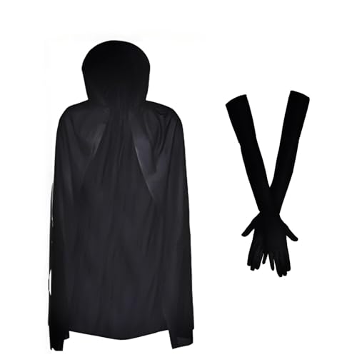 YAUOIPI 2 Stück Sensenmann Kostüm Set,140 cm schwarzer Umhang 53 cm Lange Handschuhe,Umhang mit Kapuze Vampir Cosplay Kostüm Zubehör für Kinder Erwachsene Halloween-Maskenball Cosplay (Schwarz) von YAUOIPI