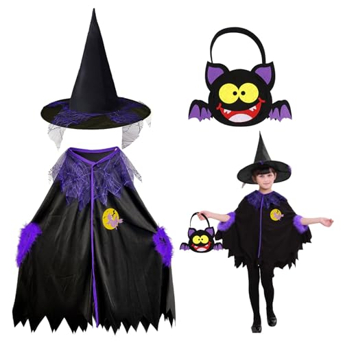 YAUOIPI 3 Stück Halloween Umhang Set für Kinder,Hexenkostüm Umhang Hut und DIY Süßigkeitentasch,Vampir-Kostüm für Cosplay-Party Halloween-Vampire Maskenball Rollenspiel-Kostüme (Schwarz) von YAUOIPI