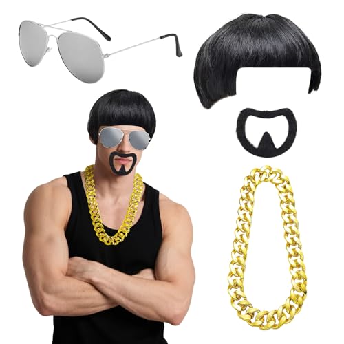 YAUOIPI 4 Stück Ibiza Final Boss Kostümzubehör Set, Lustige Schüssel Schnittperücke, Gefälschter Spitzbart, Kette, Silbere Sonnenbrille, Pilzperücke, für Filmrollenspiele, Cosplay Halloween (Schwarz) von YAUOIPI