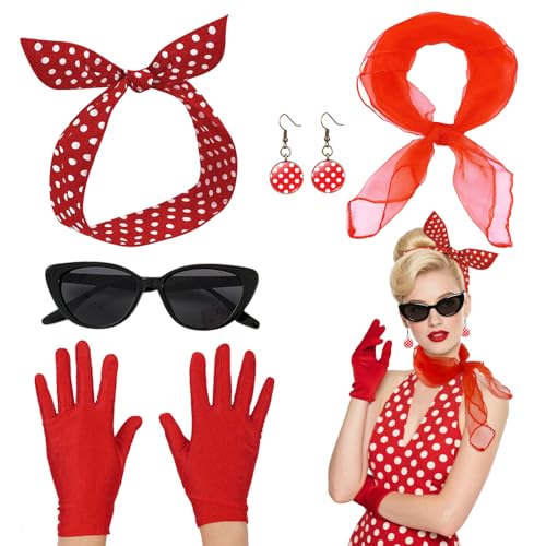 YAUOIPI 5 Pcs 50er Jahre Kostüm Zubehör 1950er Jahre Französisch Damen Verkleidung Kit Katzenaugenbrille Polka Dot Bandana Krawatte Stirnband Ohrringe Rote Handschuhe für 1950er Retro Party Dekor von YAUOIPI
