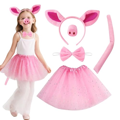 YAUOIPI 5 Stücke Schwein Kostüm Set, Rosa Schwein Ohren Nasen Schwanz und Fliege, Kinder Tutu-Rock, Karneval Tier Kostüm, Tier Ohren Stirnband, für Halloween-Party, Kostümpartys Cosplay (Rosa) von YAUOIPI