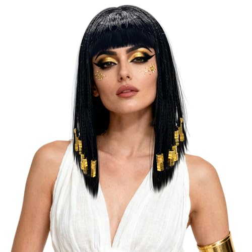 YAUOIPI Damen-Perücke im ägyptischen Stil, Kostümperücke für Erwachsene mit Pony und Goldener Flechtung, Glattes Schwarzes Bob-Haar mit Pony für Halloween-Kostüme Vintage-Partydekorat (Schwarz) von YAUOIPI