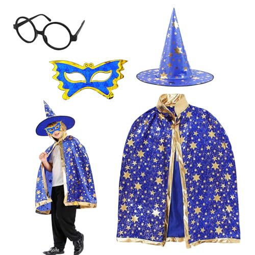 YAUOIPI 4 Stück Kinder Halloween Kostüm, Zauberer Kostüm für Kinder, Wizard Cape Witch Umhang mit Hut Augenmaske und Brille, Halloween Hexe Zauberer Umhang für Jungen Mädchen Cosplay Party (Blau) von YAUOIPI